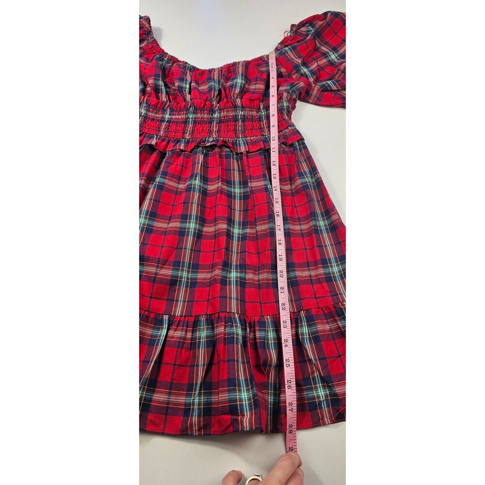 phoebe check puff sleeve mini dress in red multi tartan holiday Christmas M - Picture 8 of 10